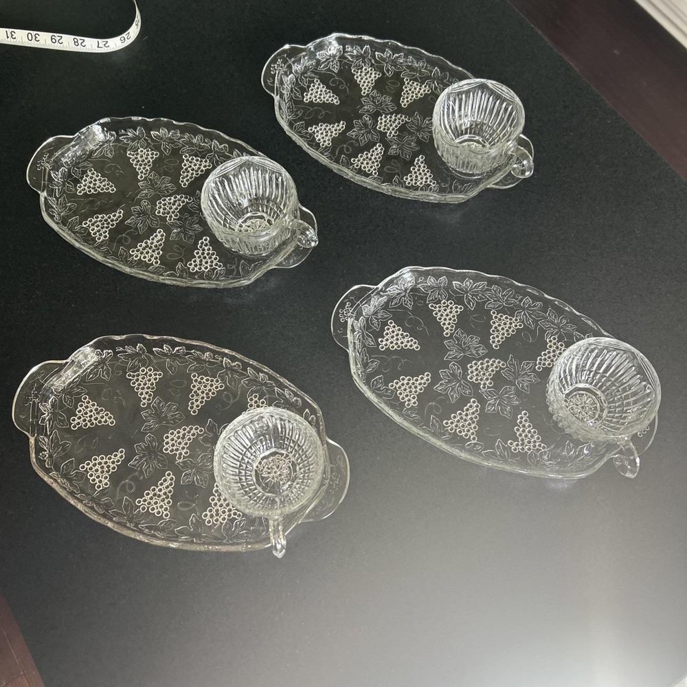 4 Pressed Glass Snack Trays Grape Pattern with Handles with 4 mixed cups